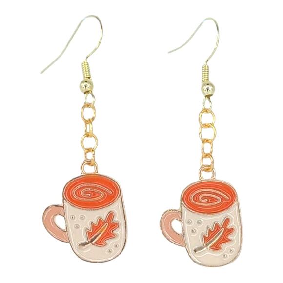 Fall Coffee Cup Earrings ☕🍁 Autumn Leaf Latte Dangle Jewelry - Picture 1 of 4